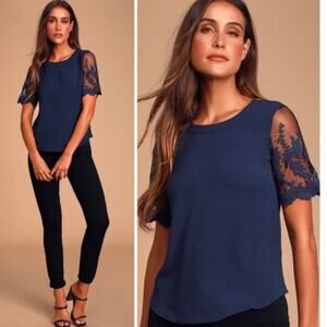 LULU’S Blouse Medium Lisa Marie Navy Embroidered Lace Top Navy Sheer Office NWT